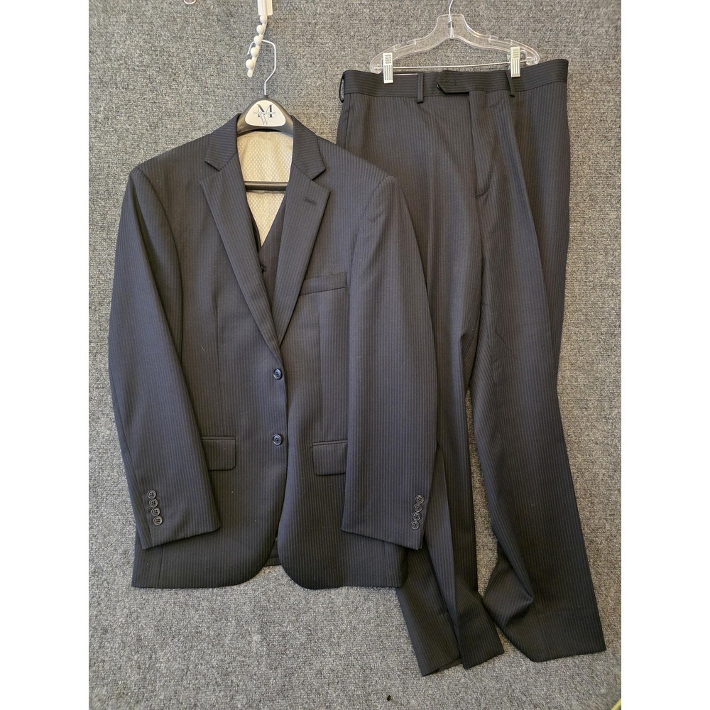 Wilke-Rodriguez Suit Mens 38 31 Waist Blue Wool Blend Pinstripe 3 Piece